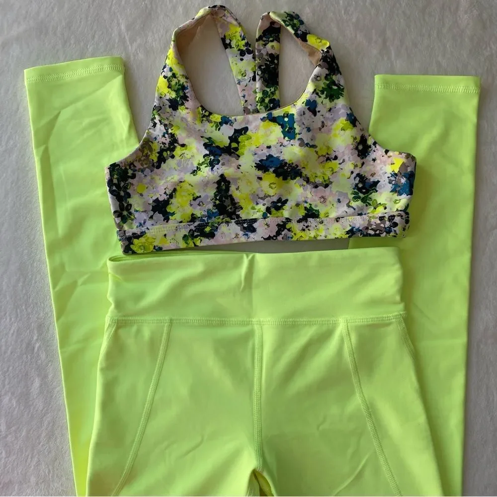 Old‎ Navy PowerSoft Leggings and Sports bra Set Neon Yellow Active Size 10/12